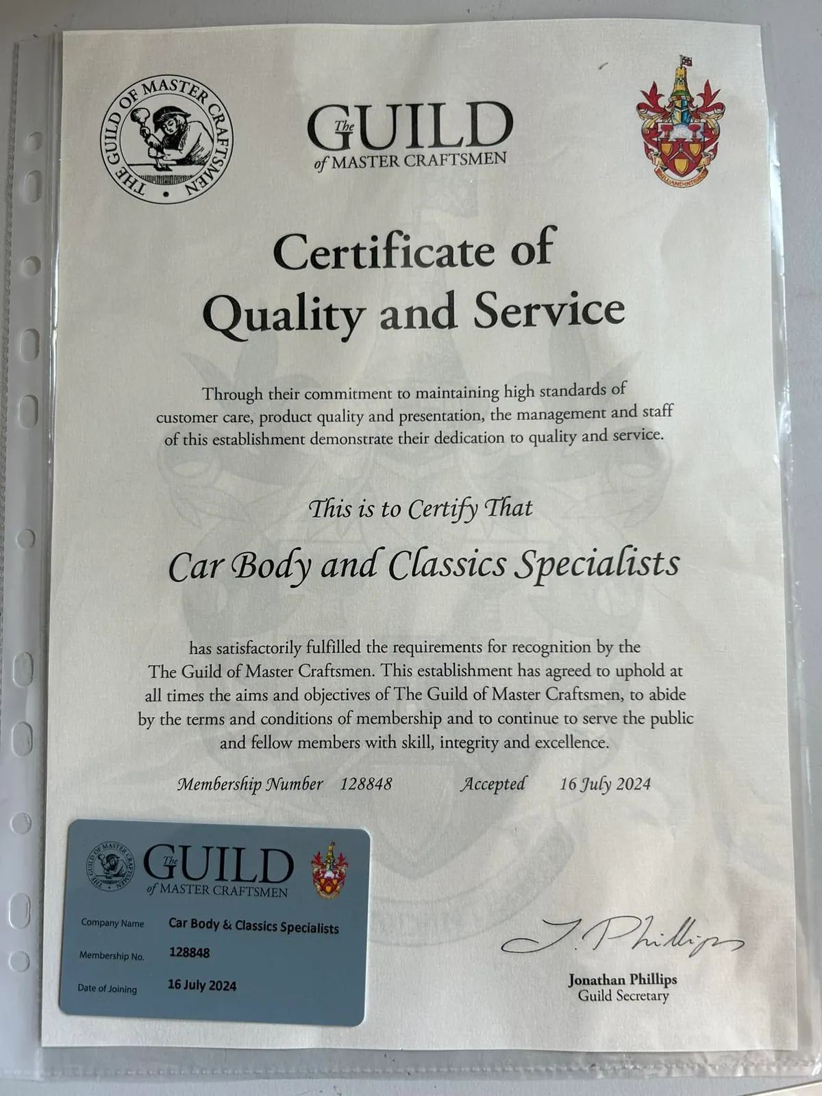 Guild of Master Craftsmen Certificate of Quality and Service